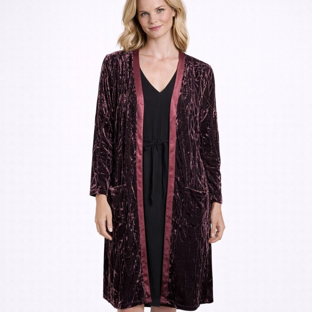 Logo Lavish Lori Goldstein burgundy crushed velvet duster size 1X long cardigan
